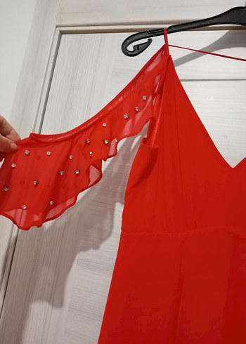 Kırmızı Drapeli Uzun Abiye Elbise - Görsel 4