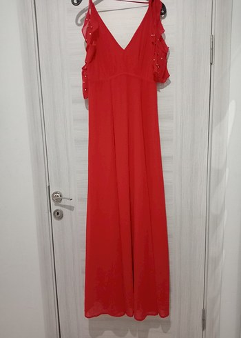 Kırmızı Drapeli Uzun Abiye Elbise - Görsel 2