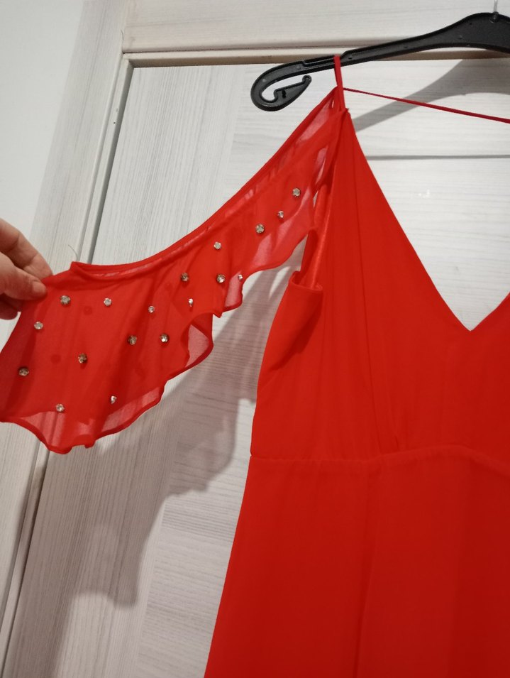 Kırmızı Drapeli Uzun Abiye Elbise - Görsel 4