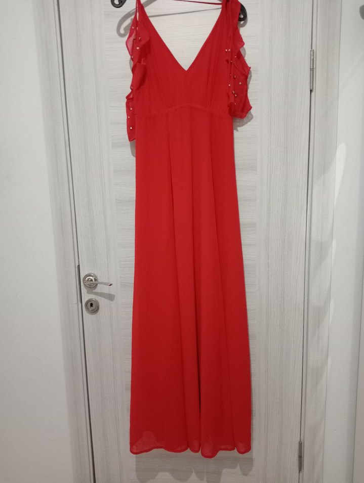 Kırmızı Drapeli Uzun Abiye Elbise - Görsel 2