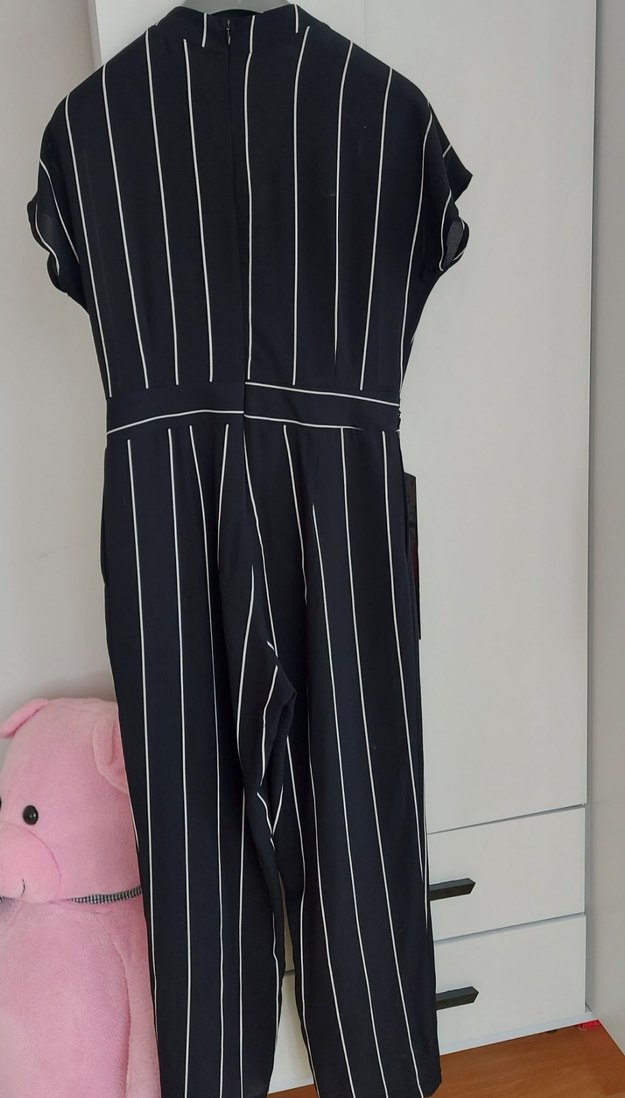 Kadın Siyah Çizgili Kısa Kollu Tulum - Görsel 2