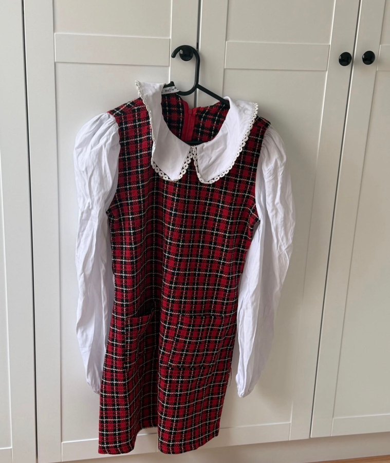 Kemerli Kırmızı Ekose Midi Elbise - Görsel 2