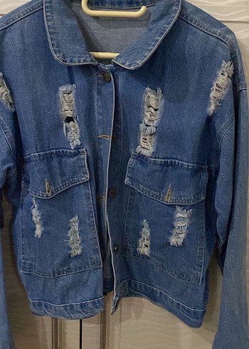 Düğmeli Mavi Mini Denim Ceket - Görsel 2