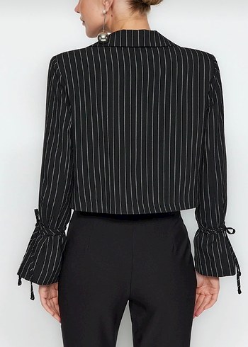 Çizgili Siyah Kısa Blazer Ceket - Görsel 3