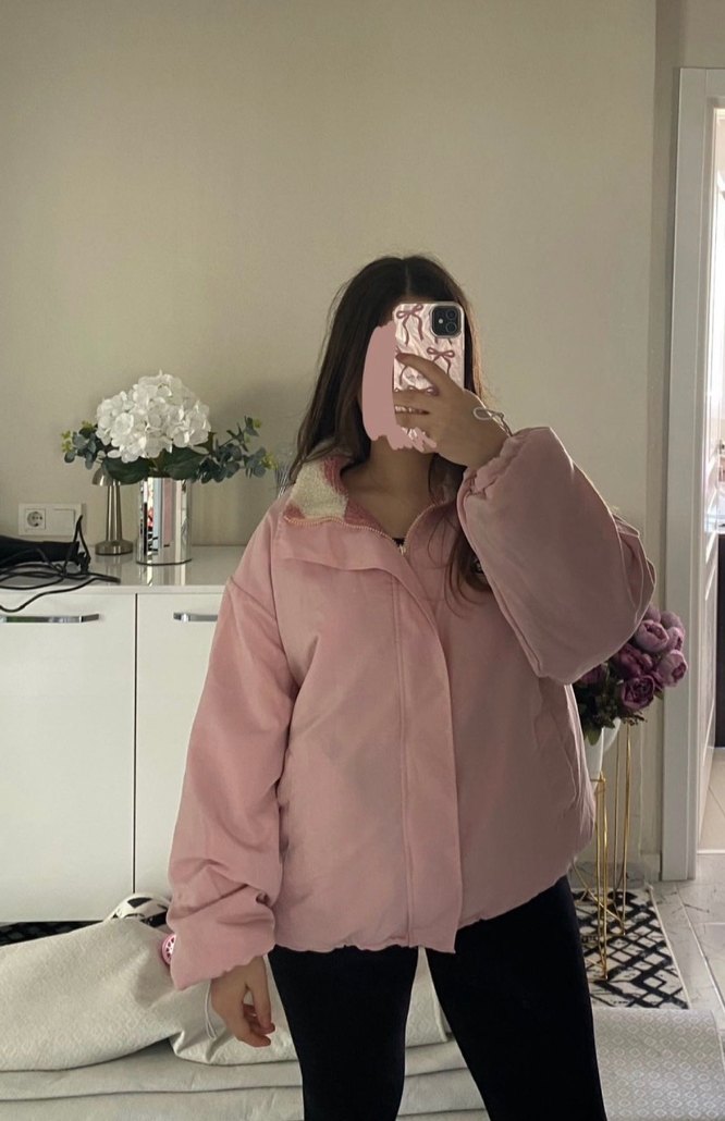 Düğmeli Pembe Kapüşonlu Kadın Ceket - Görsel 3