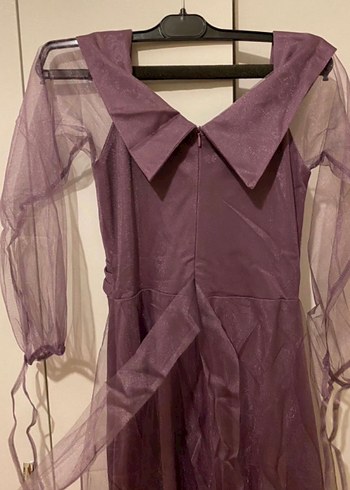 Mor Vintage Uzun Drapeli Kadın Abiye Elbise - Görsel 3