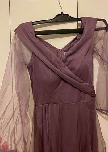 Mor Vintage Uzun Drapeli Kadın Abiye Elbise - Görsel 2