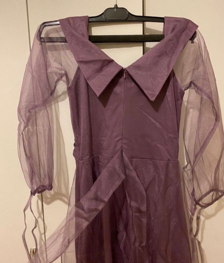 Mor Vintage Uzun Drapeli Kadın Abiye Elbise - Görsel 3