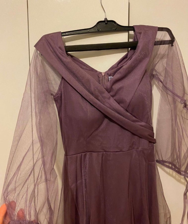 Mor Vintage Uzun Drapeli Kadın Abiye Elbise - Görsel 2