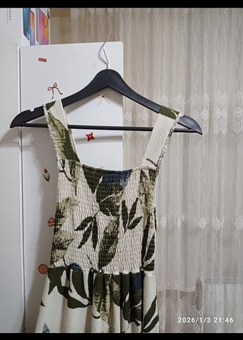 Haki Krem Çiçekli Kare Yaka Uzun Elbise - Görsel 11