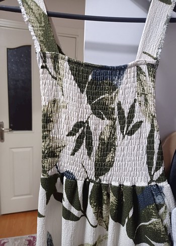 Haki Krem Çiçekli Kare Yaka Uzun Elbise - Görsel 9