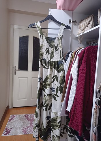 Haki Krem Çiçekli Kare Yaka Uzun Elbise - Görsel 8