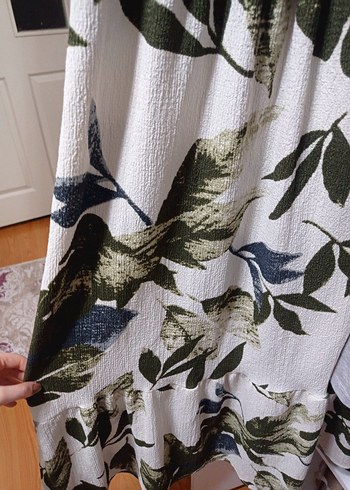 Haki Krem Çiçekli Kare Yaka Uzun Elbise - Görsel 5