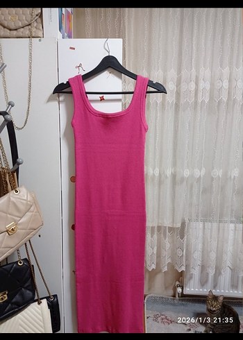 Sade Pembe Uzun Kadın Elbise - Görsel 8