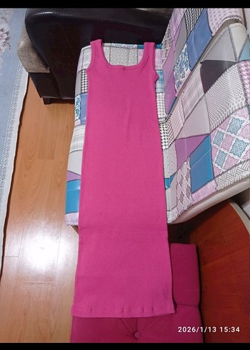 Sade Pembe Uzun Kadın Elbise - Görsel 6