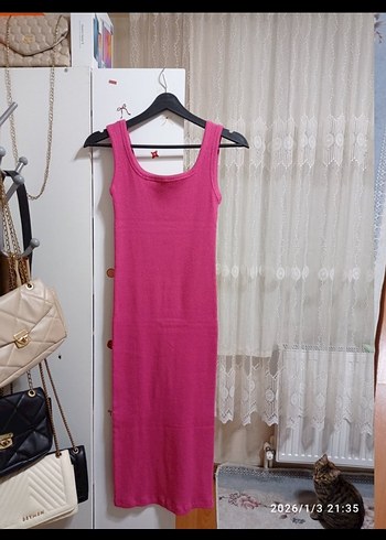 Sade Pembe Uzun Kadın Elbise - Görsel 2