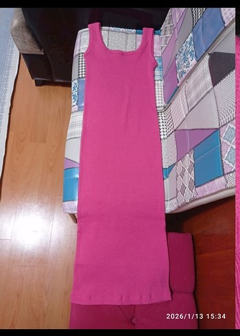 Sade Pembe Uzun Kadın Elbise - Görsel 3