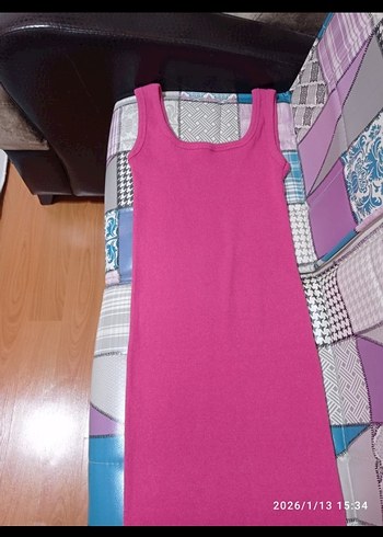 Sade Pembe Uzun Kadın Elbise - Görsel 5