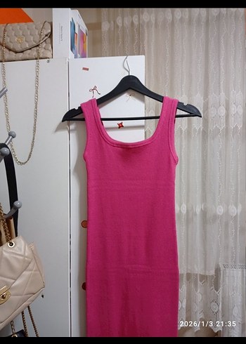 Sade Pembe Uzun Kadın Elbise - Görsel 9