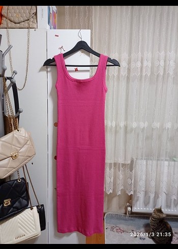 Sade Pembe Uzun Kadın Elbise - Görsel 10