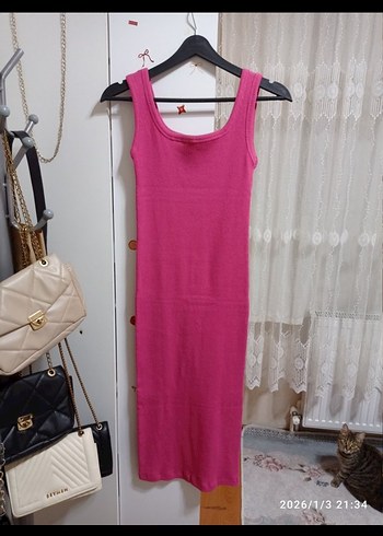 Sade Pembe Uzun Kadın Elbise - Görsel 7