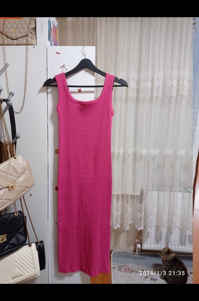 Sade Pembe Uzun Kadın Elbise - Görsel 2