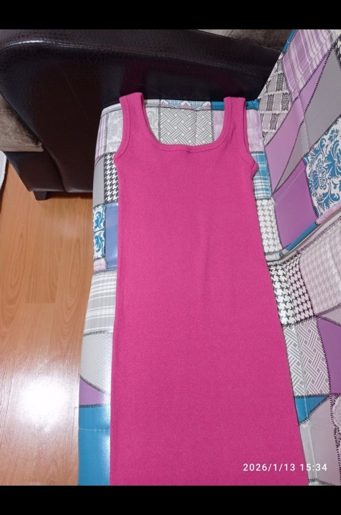 Sade Pembe Uzun Kadın Elbise - Görsel 5