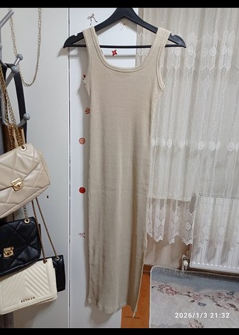 Bej Uzun Kare Yaka Elbise - Görsel 9