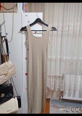 Bej Uzun Kare Yaka Elbise - Görsel 2