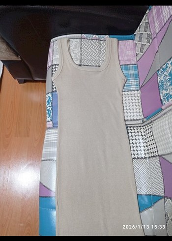 Bej Uzun Kare Yaka Elbise - Görsel 6