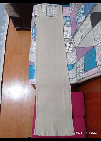 Bej Uzun Kare Yaka Elbise - Görsel 4