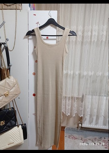 Bej Uzun Kare Yaka Elbise - Görsel 7