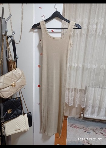 Bej Uzun Kare Yaka Elbise - Görsel 8