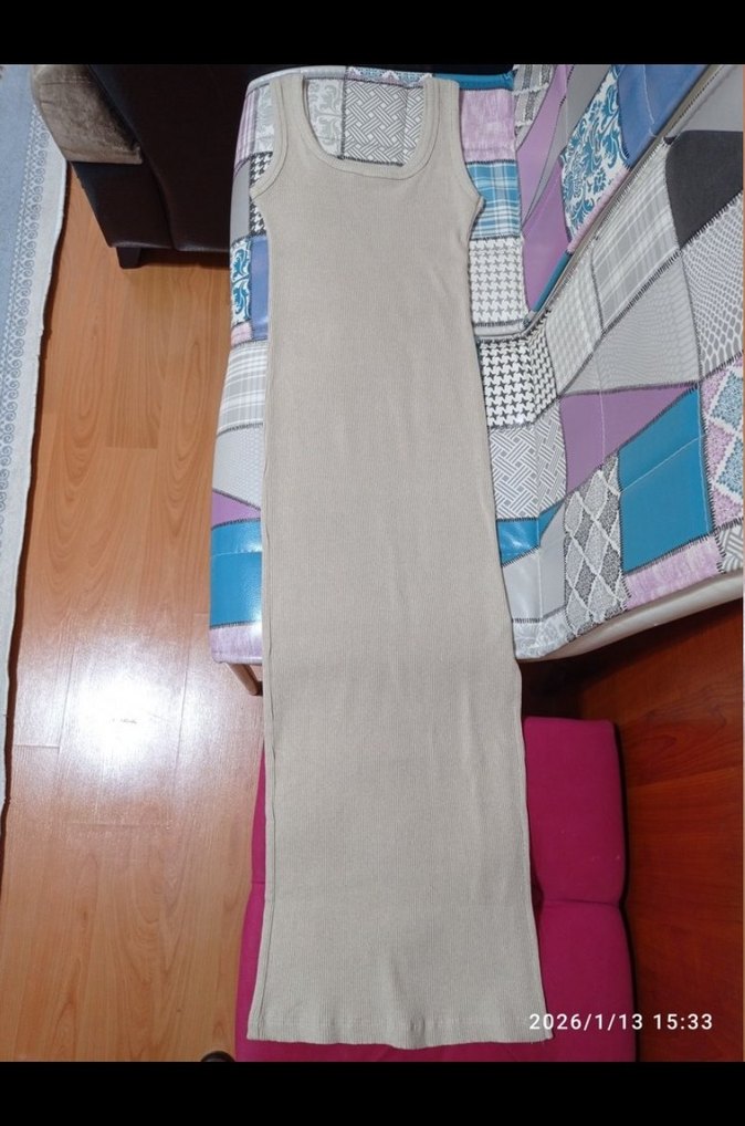 Bej Uzun Kare Yaka Elbise - Görsel 4