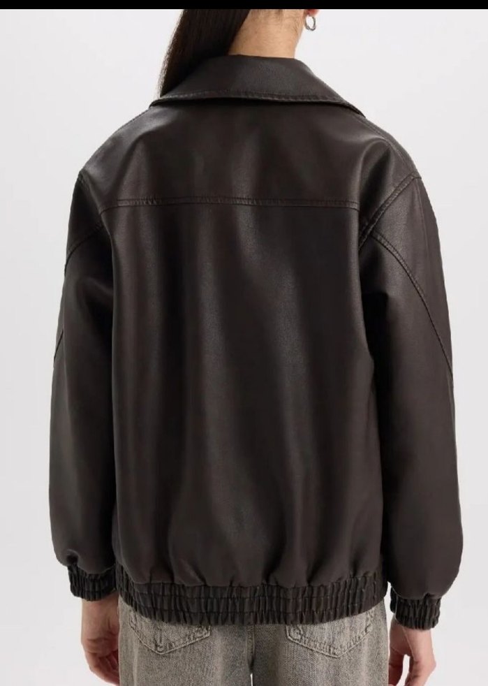 Kadın Kahverengi Deri Fermuarlı Ceket - Görsel 2