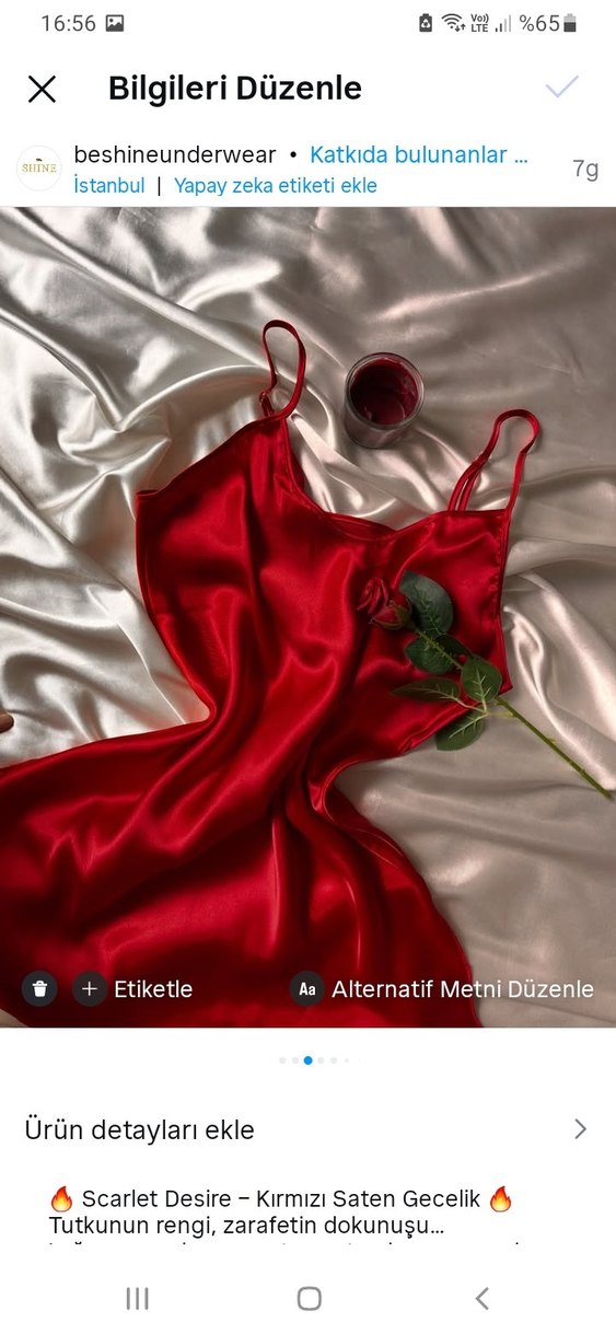 Saten Parlak Kırmızı İnce Askılı  Gecelik - Görsel 3