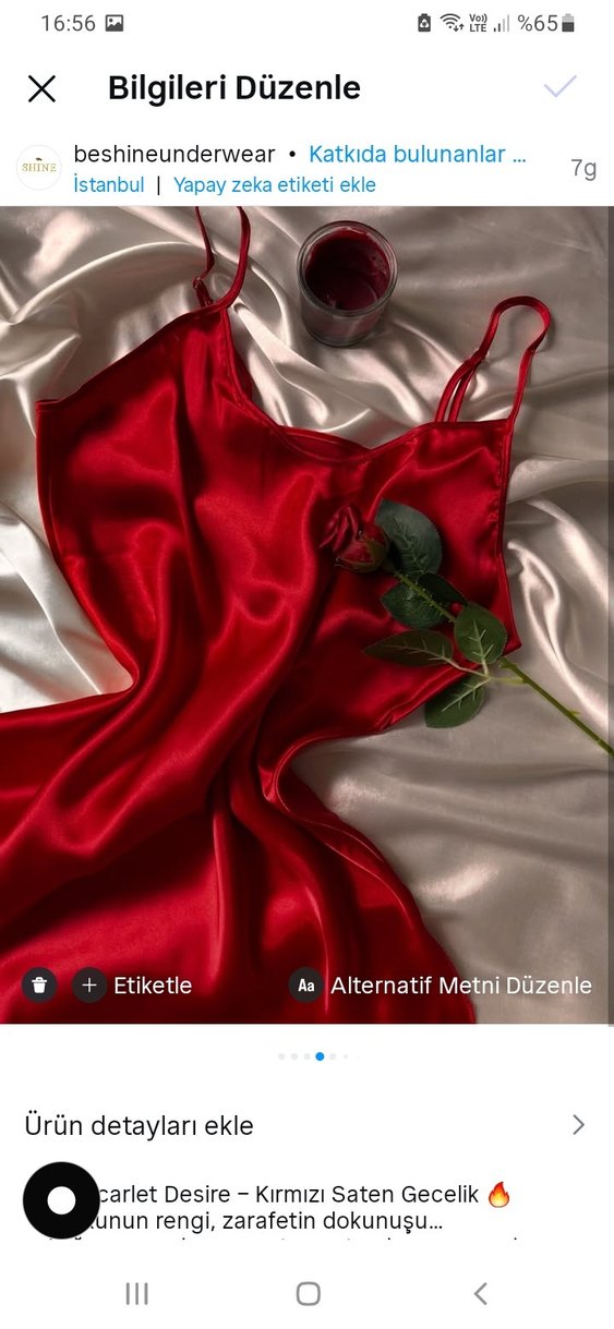 Saten Parlak Kırmızı İnce Askılı  Gecelik - Görsel 2