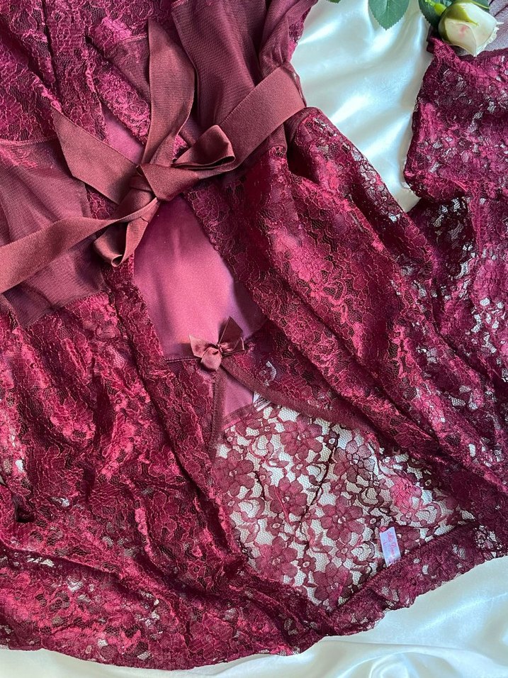 Bordo Nakışlı Uzun İnce Askılı Kadın Gecelik - Görsel 2