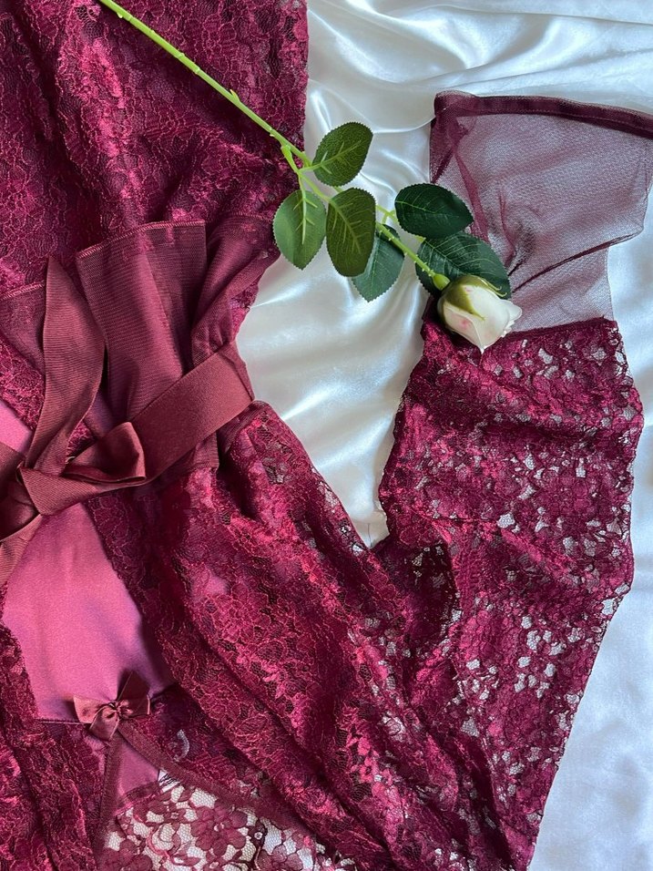 Bordo Nakışlı Uzun İnce Askılı Kadın Gecelik - Görsel 3