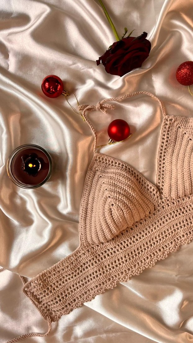 Özel Tığ Örgüsü Bej V Yaka  Büstiyer - Görsel 3