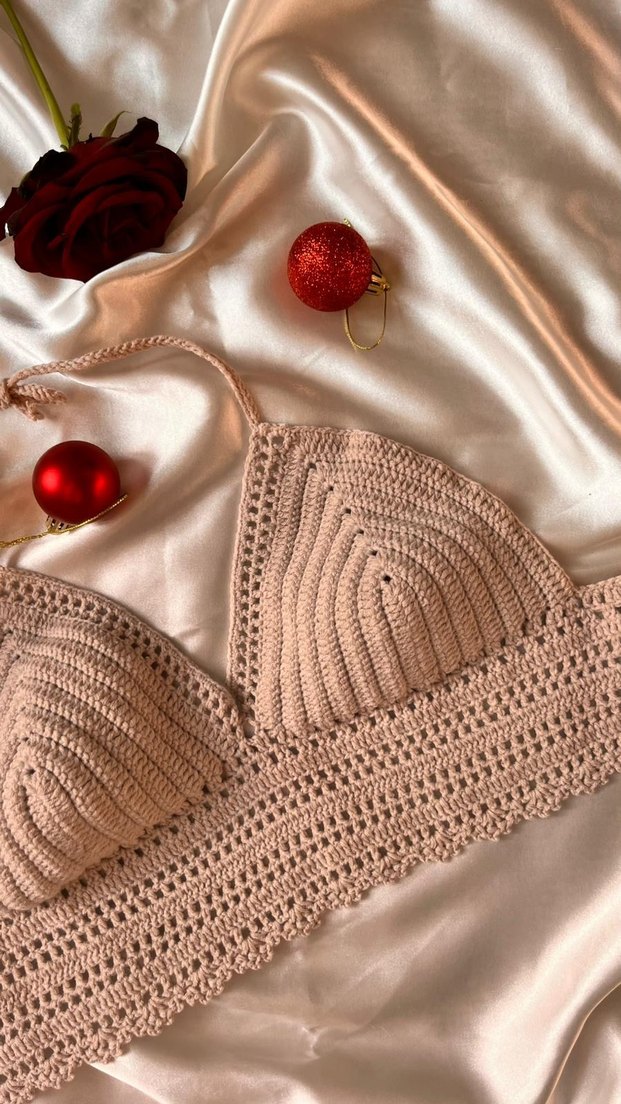 Özel Tığ Örgüsü Bej V Yaka  Büstiyer - Görsel 2