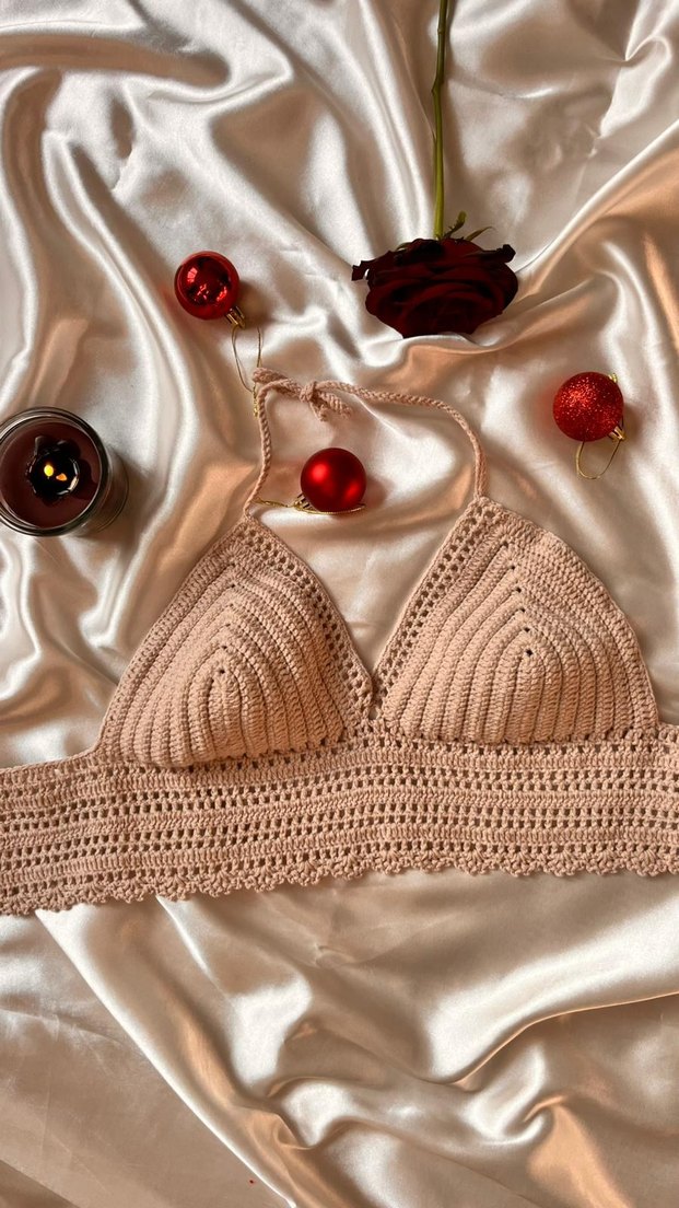 Özel Tığ Örgüsü Bej V Yaka  Büstiyer - Görsel 4