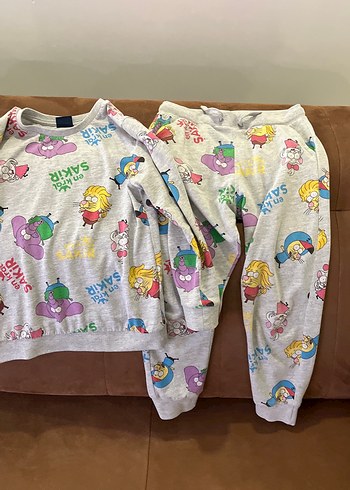 6 Yaş Beden Erkek Çocuk Gri Baskılı Uzun Kollu Pijama Takımı