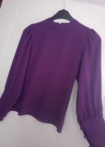 Mor Düğmeli Yüksek Yakalı Kadın Bluz - Görsel 2