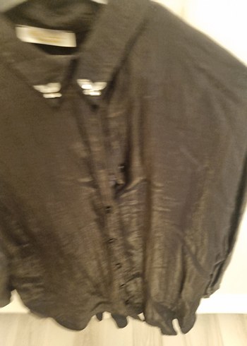 koyu gri parlak saten kömlek düğmeli kollu - Görsel 2