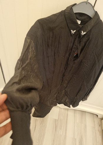 koyu gri parlak saten kömlek düğmeli kollu - Görsel 4