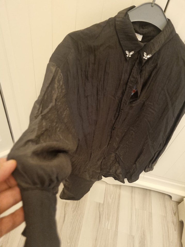 koyu gri parlak saten kömlek düğmeli kollu - Görsel 4