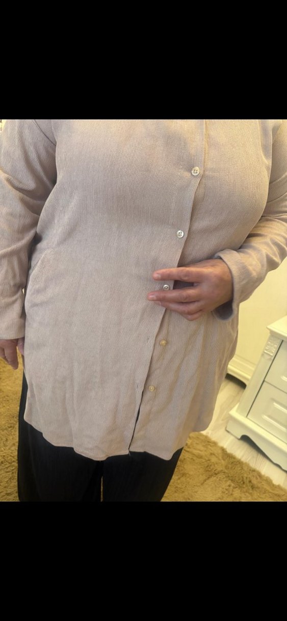 Bej Düğmeli Uzun Kollu kadife çizgili uzun - Görsel 4