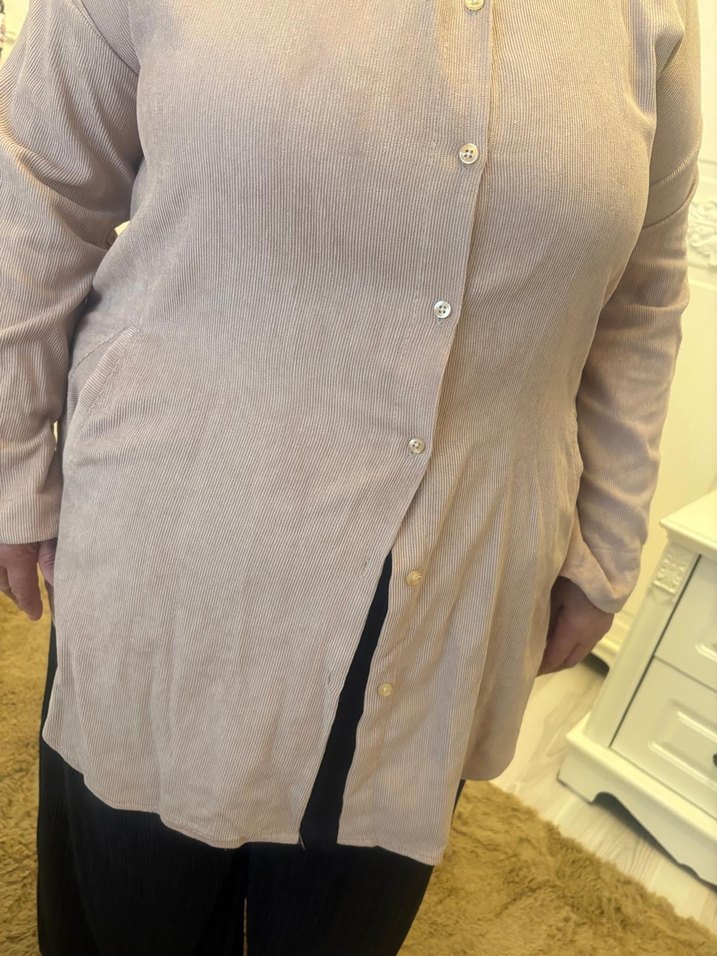 Bej Düğmeli Uzun Kollu kadife çizgili uzun - Görsel 3