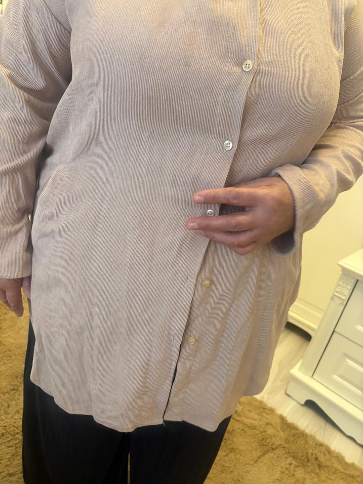 Bej Düğmeli Uzun Kollu kadife çizgili uzun - Görsel 2